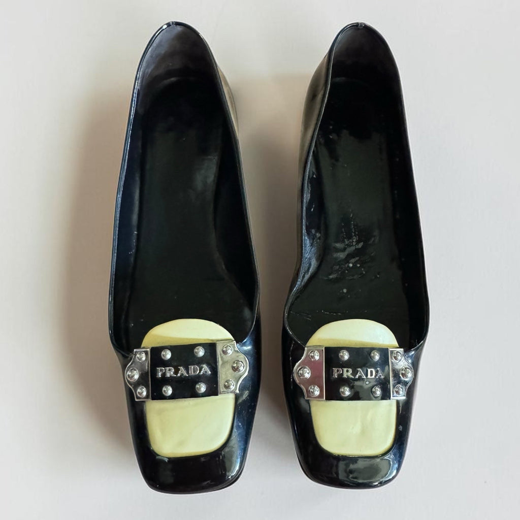 Vintage Prada Patent Leather Square-Toe Logo Pumps