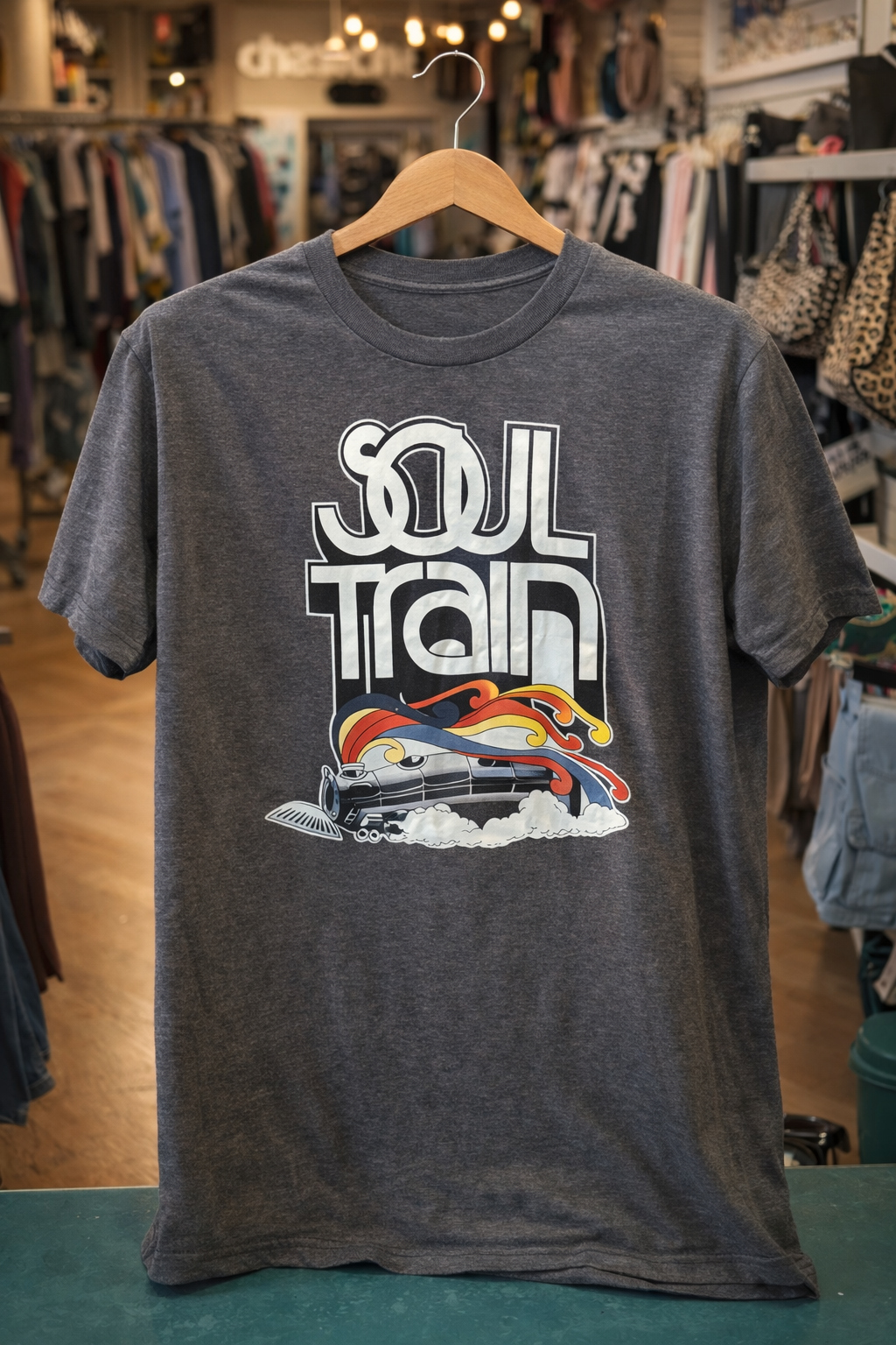Soul Train Retro Graphic Tee – Gray Vintage Style
