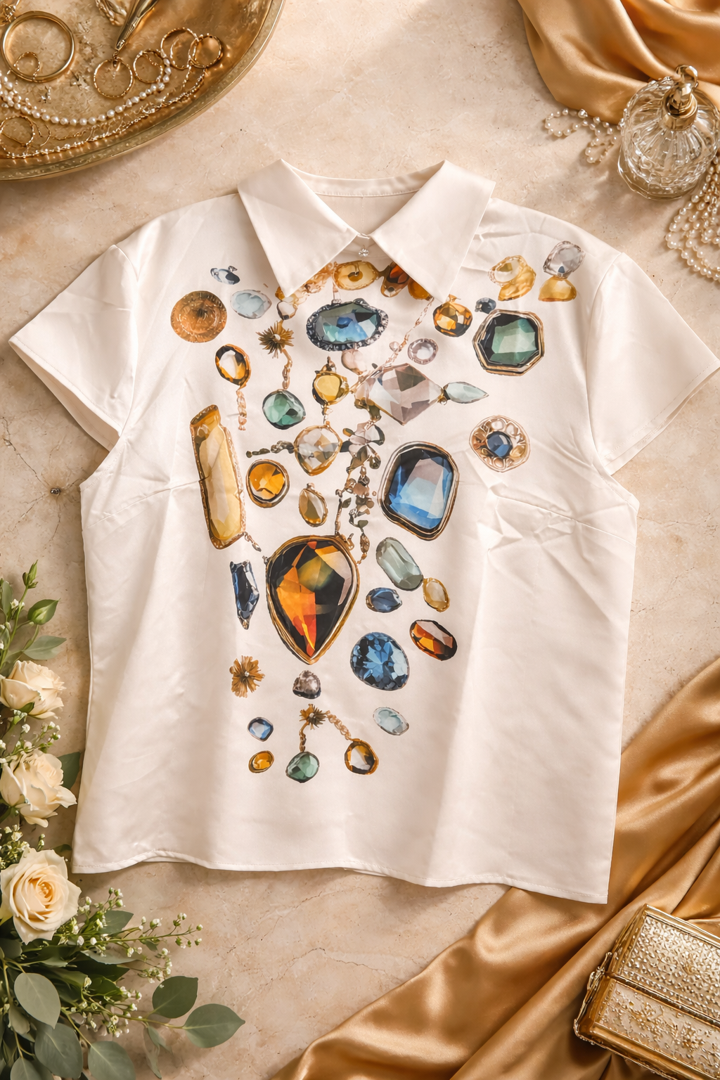 STYLEWE Jewel Print Satin Blouse – Luxe Statement Top (XL)