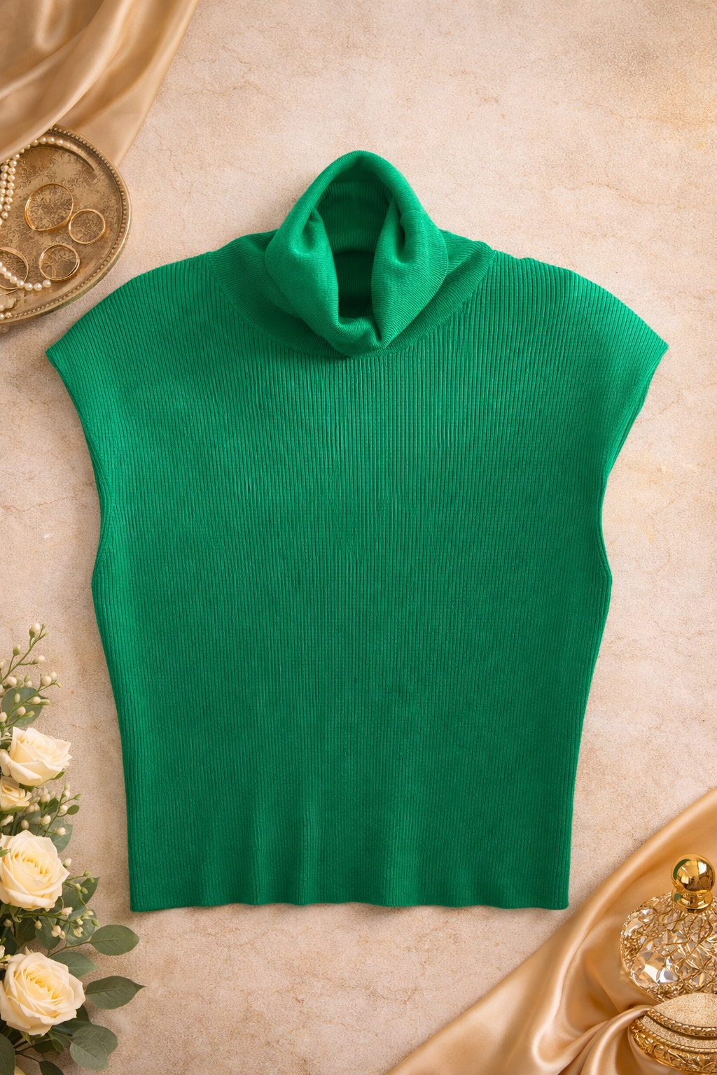 NY&C Emerald Green Ribbed Turtleneck Top – Sleeveless Knit (XL)