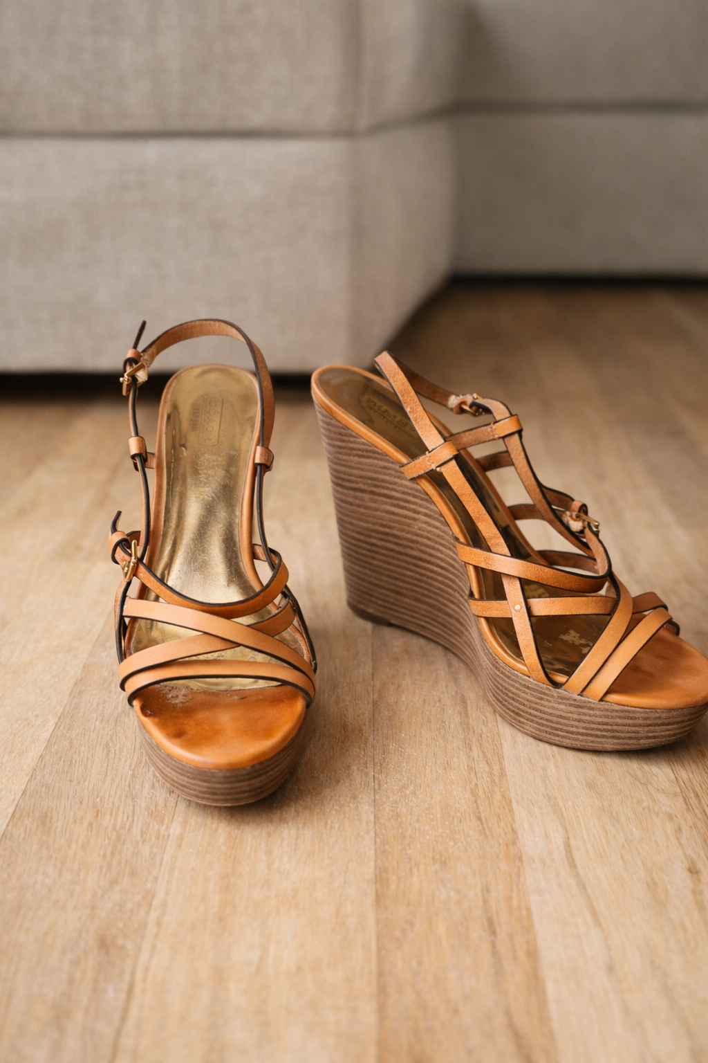 COACH Mayra Tan Leather Strappy Platform Wedge Sandals