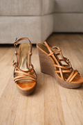 COACH Mayra Tan Leather Strappy Platform Wedge Sandals