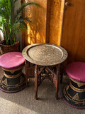 Boho Carved Wood Table Set w/ Woven Stools (3 Piece)
