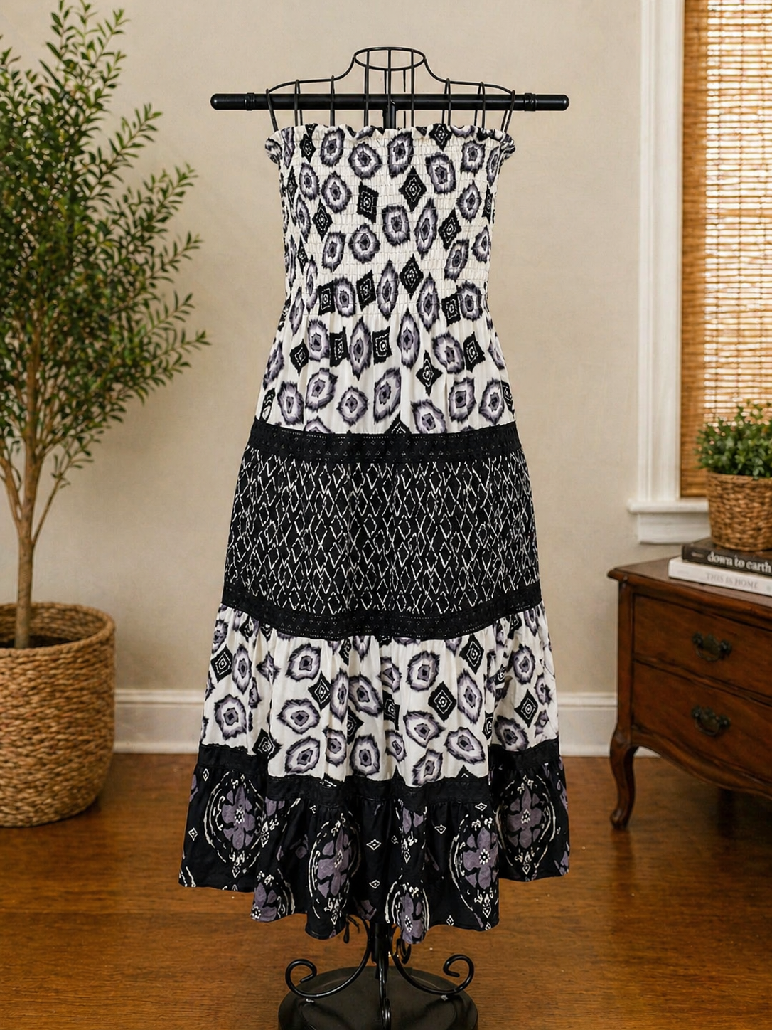 MPH Collection Black & White Strapless Boho Midi Dress