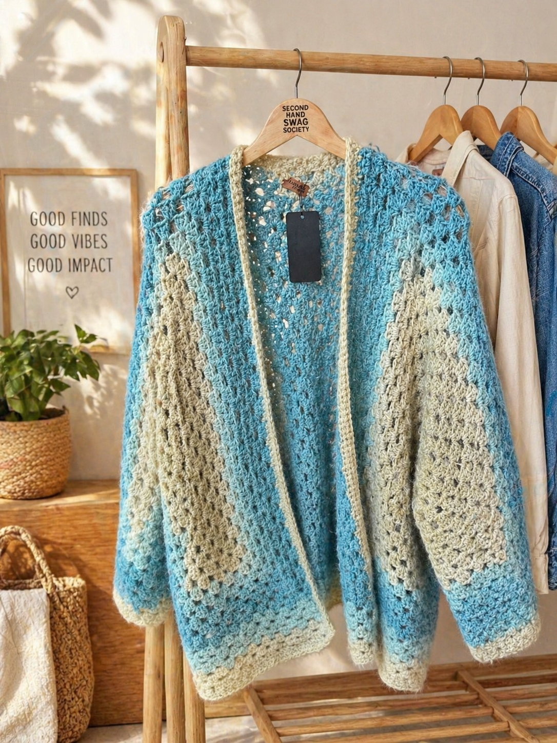 Handmade Blue/Green Ombre Crochet Hexi Cardigan