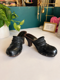 Vintage Black Leather Clog Heels w/ Braided Strap & Stud Detail