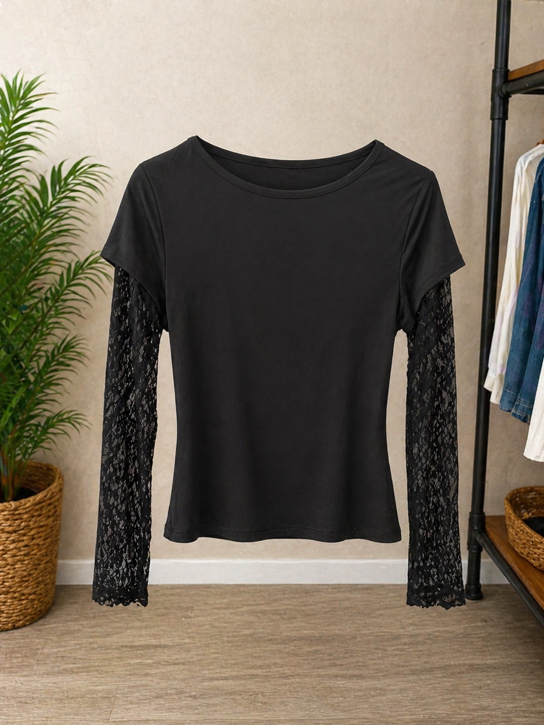 Black Lace Sleeve Top