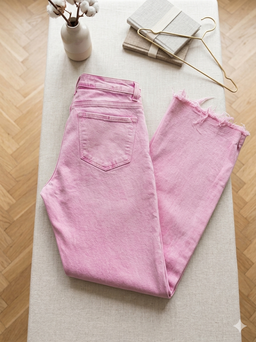 Risen Pink High-Rise Jeans • Raw Hem • Trendy Straight Fit