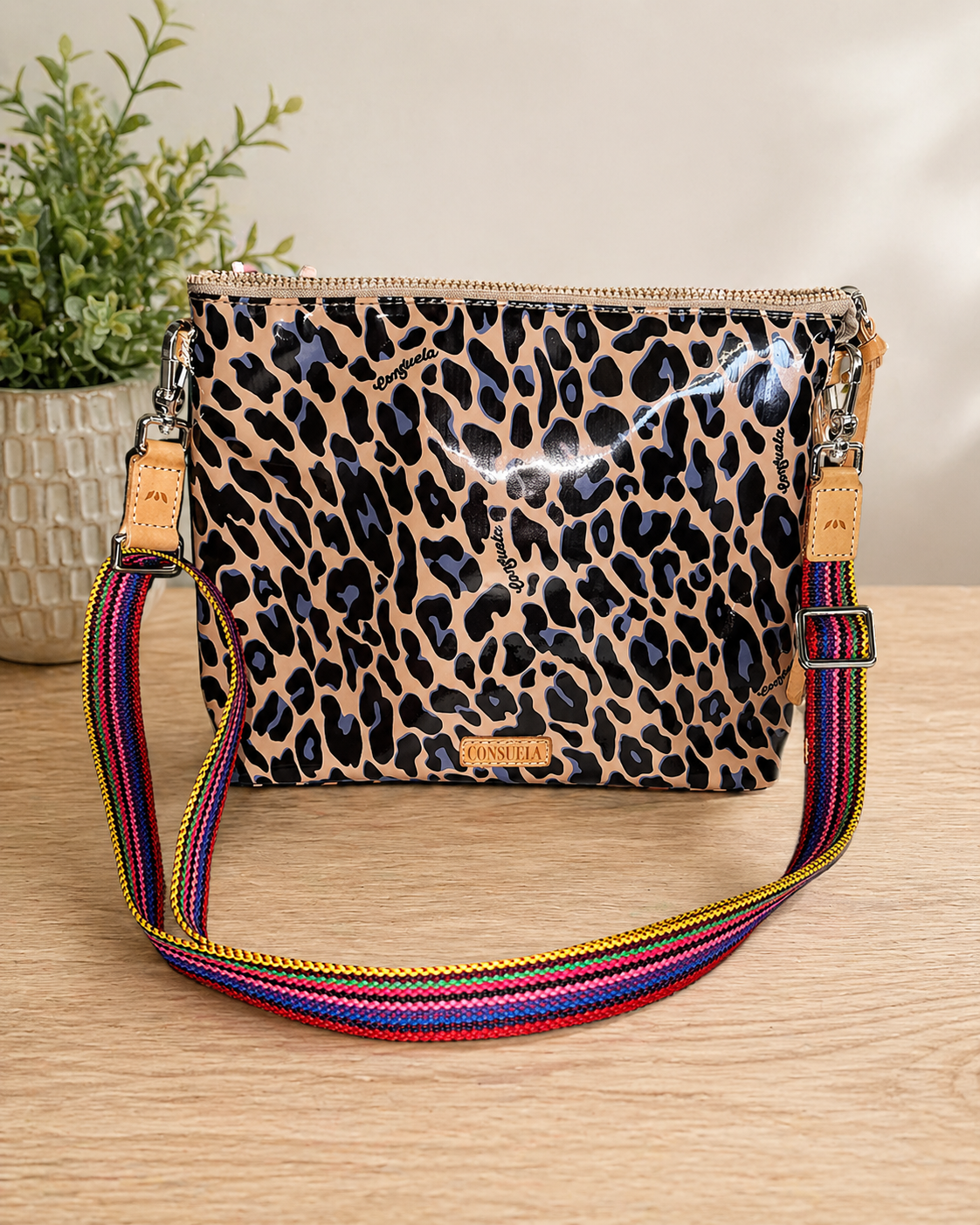 Consuela Leopard Print Crossbody Pouch w/ Colorful Strap