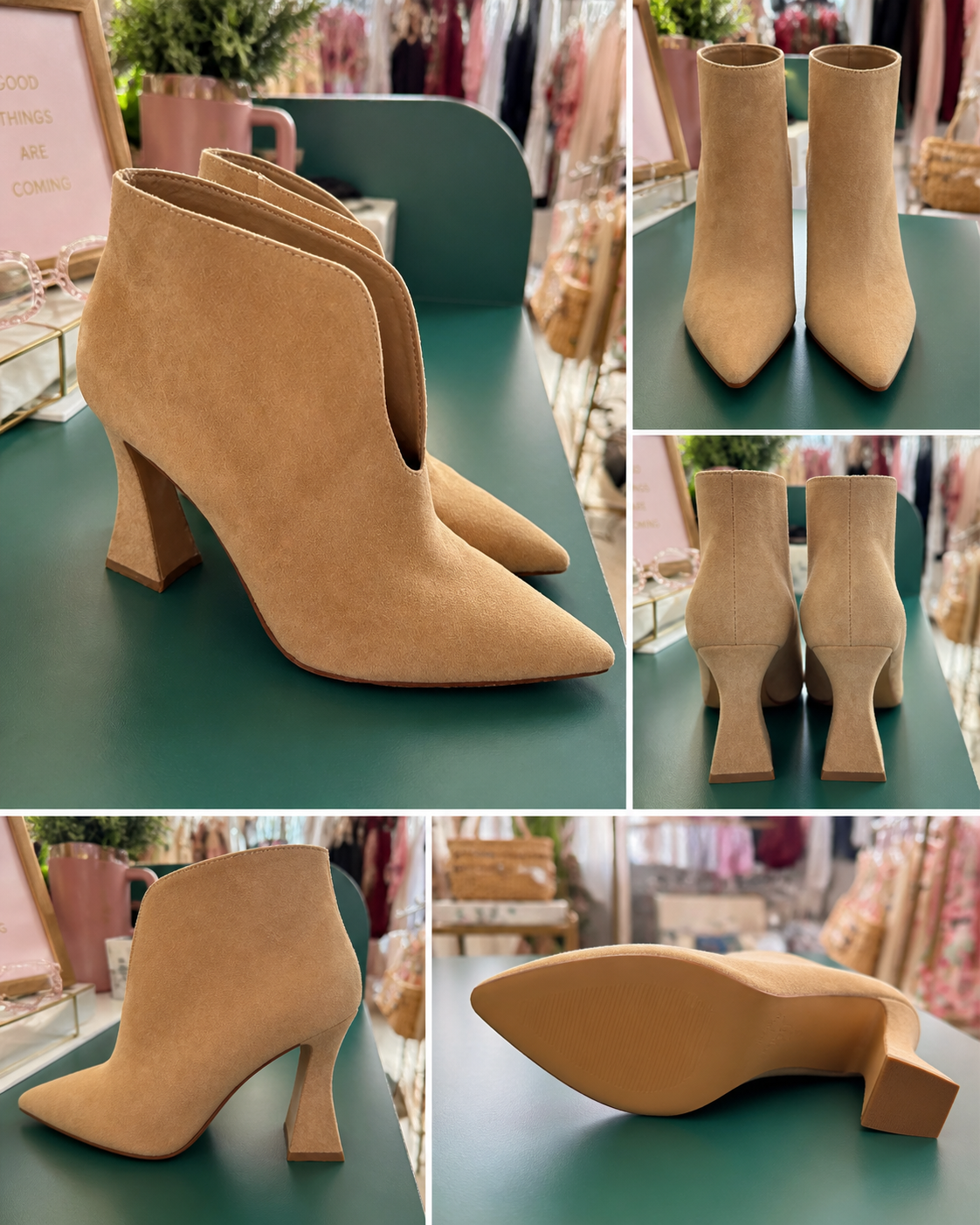 Vince Camuto Tan Suede Ankle Boots Pointed Toe Flared Heel Booties