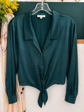 Gianni Bini Satin Tie Front Blouse Teal Green