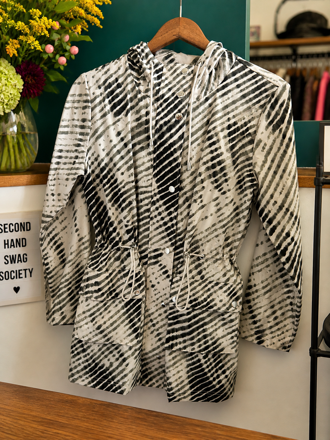 Soft Surroundings Black & White Printed Hooded Jacket