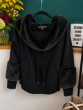 Boston Proper Black Faux Fur Trim Cozy Luxe Pullover