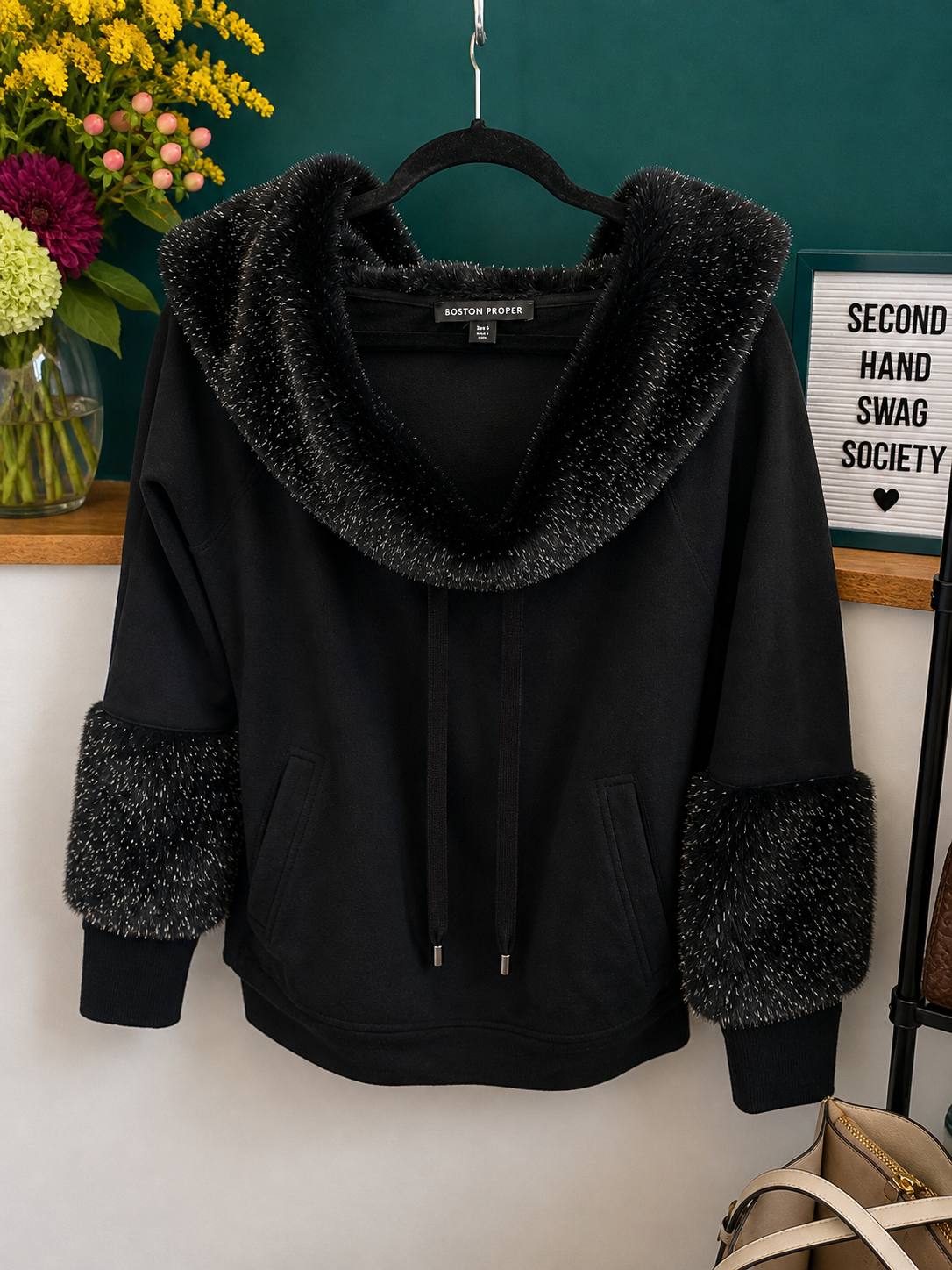 Boston Proper Black Faux Fur Trim Cozy Luxe Pullover