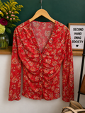 Red Floral Sheer Blouse Size Large Lightweight Button Front