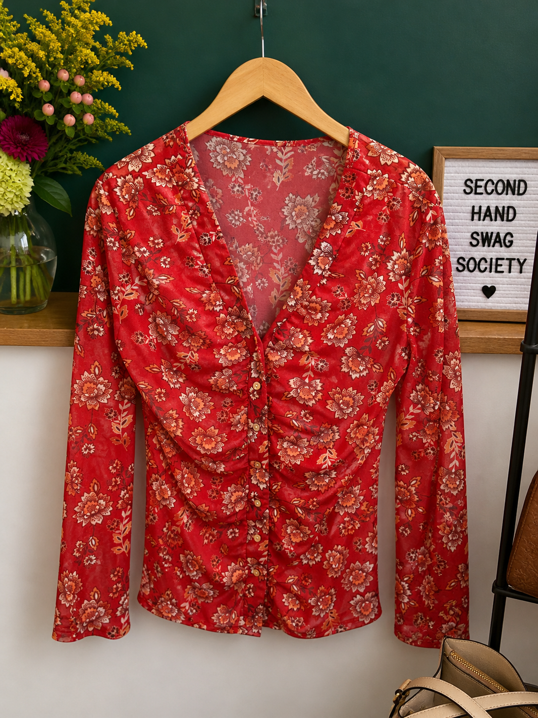 Red Floral Sheer Blouse Size Large Lightweight Button Front
