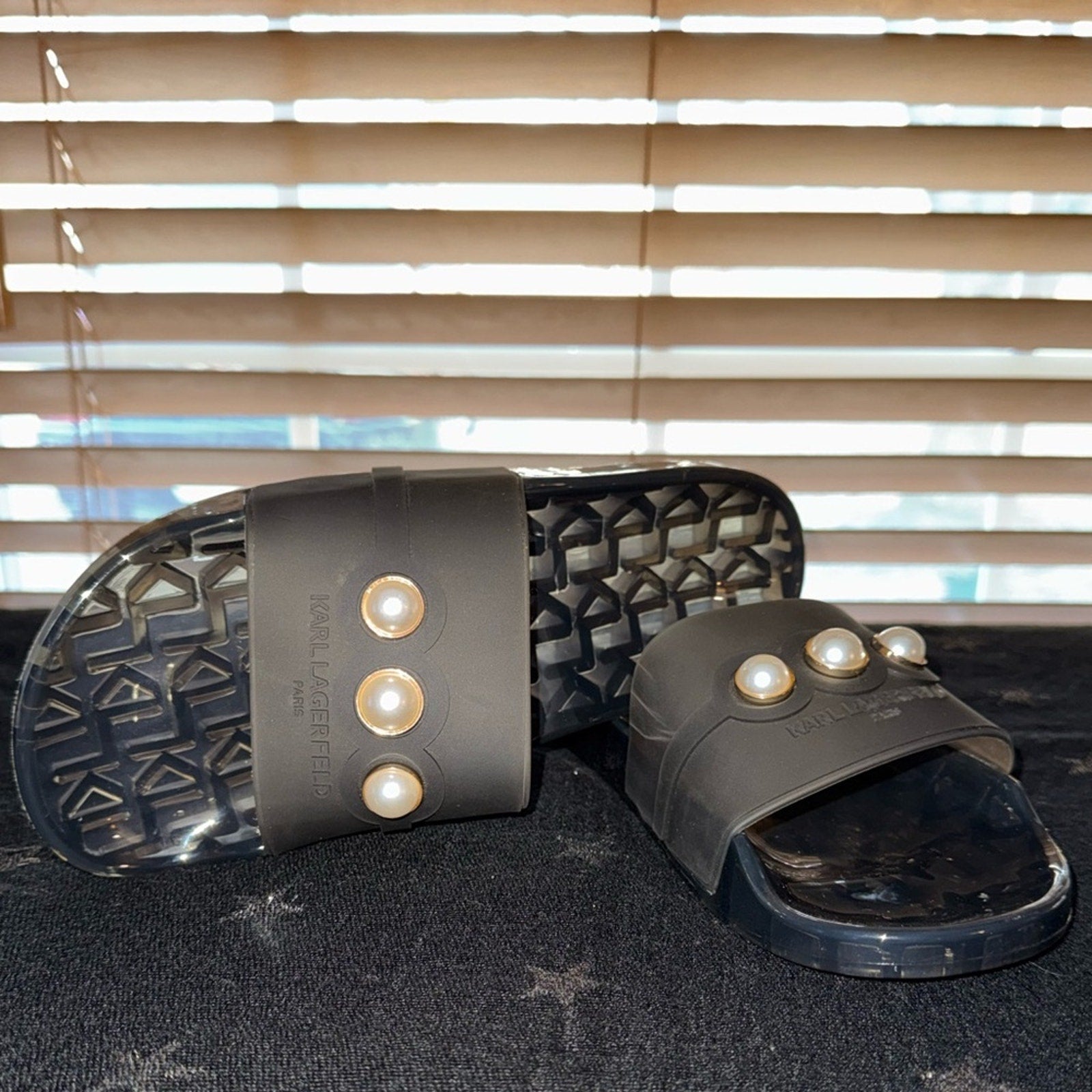 Karl Lagerfeld Black Slides with Pearl Details