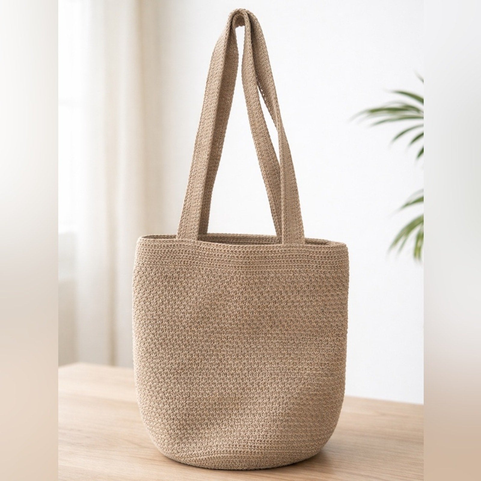 Boho Crochet Bucket Bag | Neutral Woven Shoulder Tote | Minimalist Summer