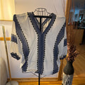SHEIN Navy and White Scallop Trim Blouse