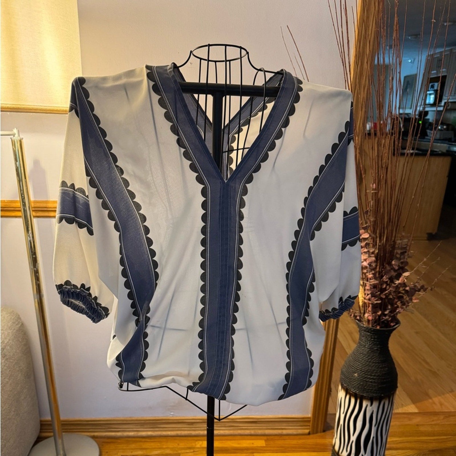 SHEIN Navy and White Scallop Trim Blouse