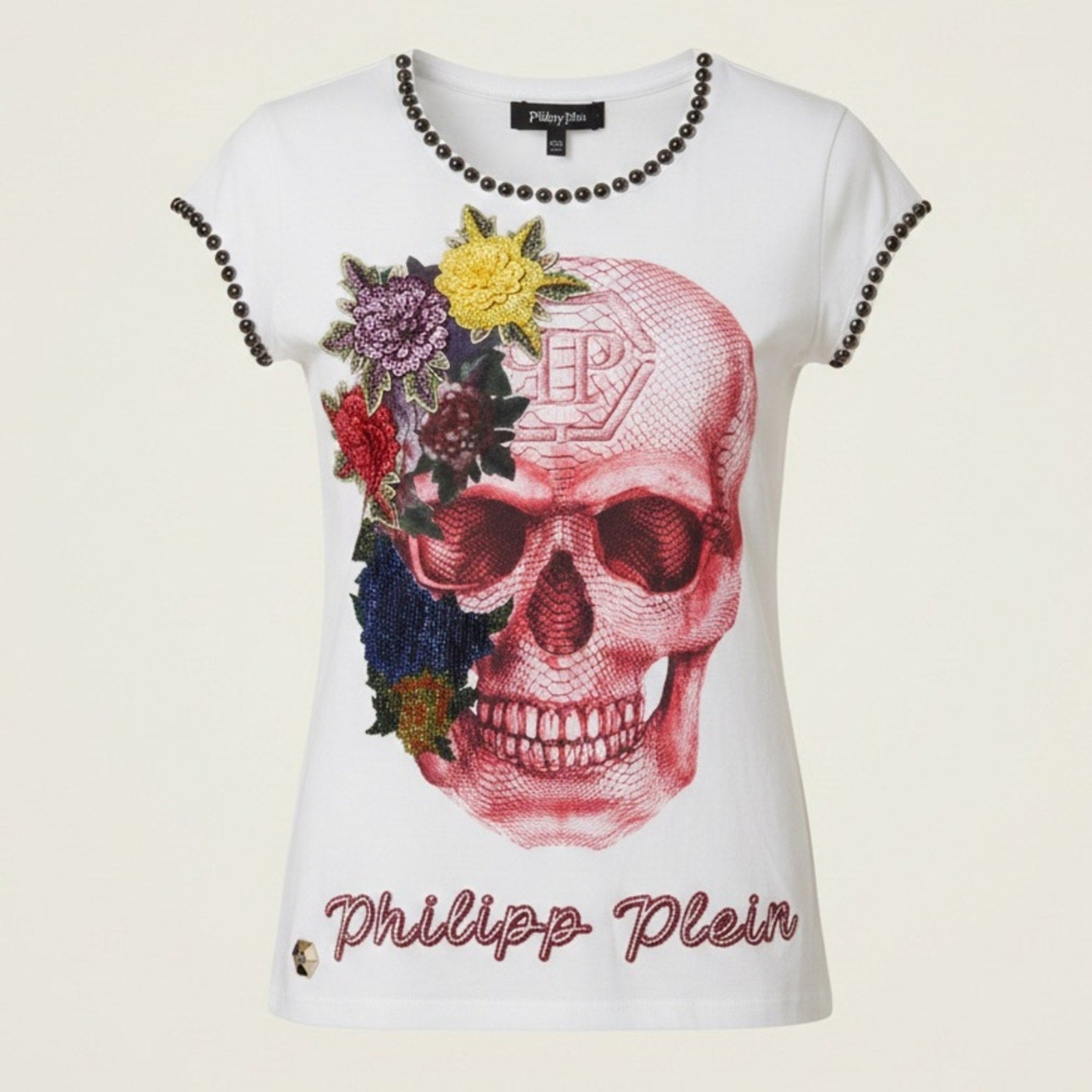 Authentic Philipp Plein 'Skull & Flowers' Studded Couture Tee