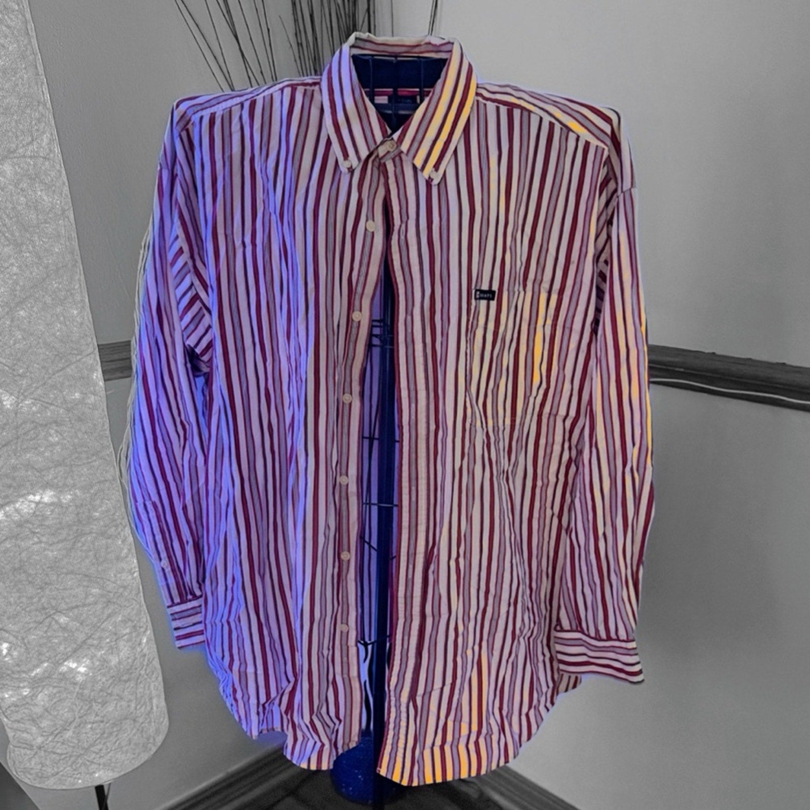 Chaps Men's Red and White Striped Button Down Shirt