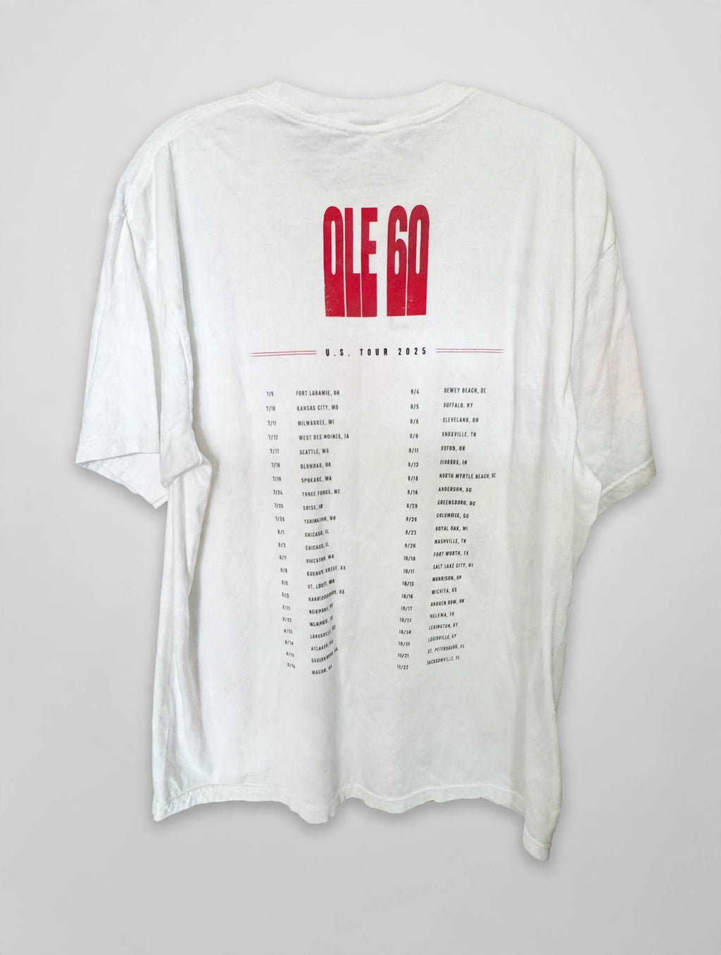 Cleaned Ole 60 U.S. Tour 2025 t-shirt, back view with tour dates