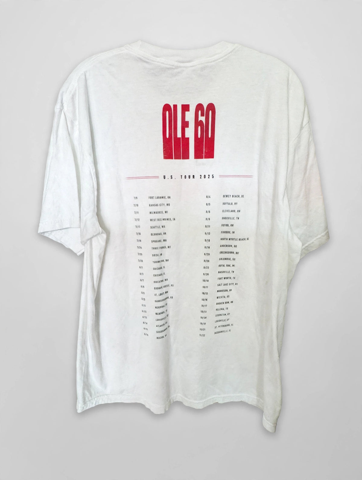 Cleaned Ole 60 U.S. Tour 2025 t-shirt, back view with tour dates