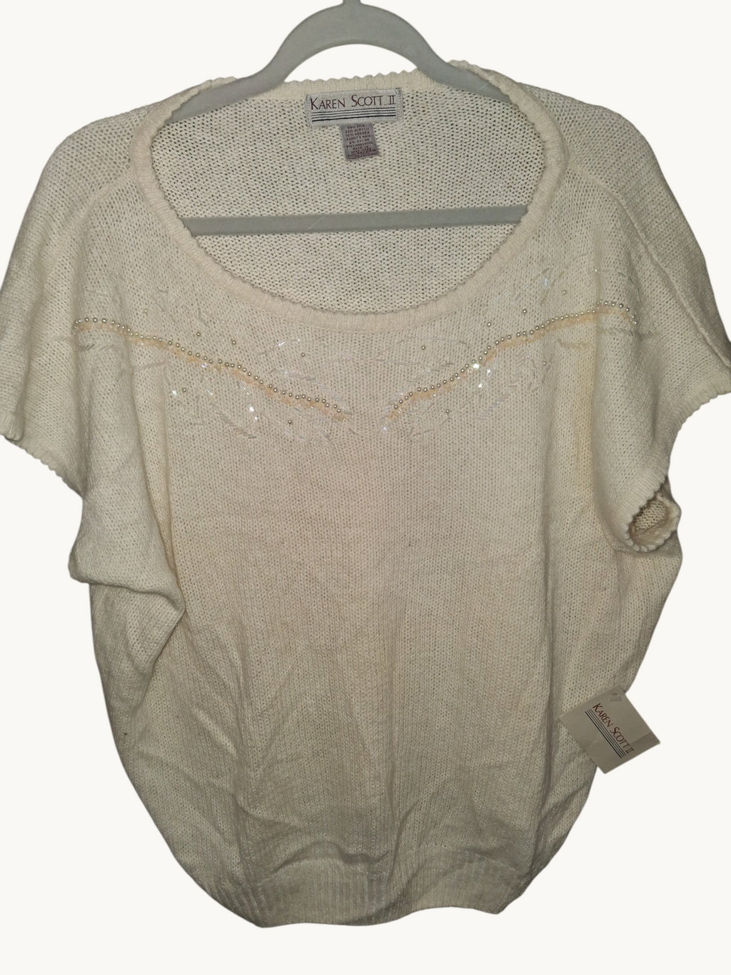 Karen Scott II Silk Blend Embellished Ivory Sweater