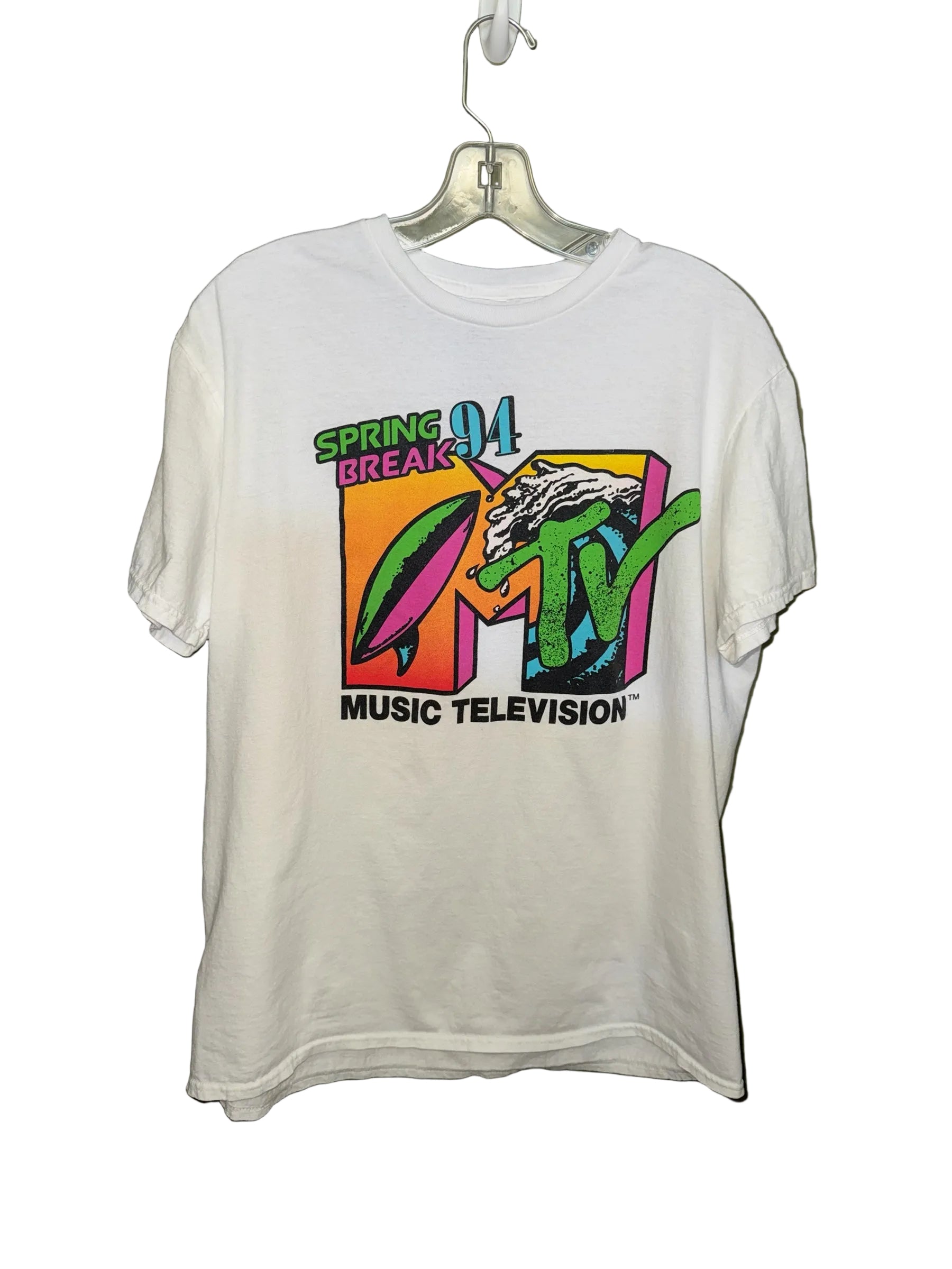 Second Hand Swag Society white cotton crewneck t-shirt featuring a vintage 1994 MTV Spring Break graphic print.